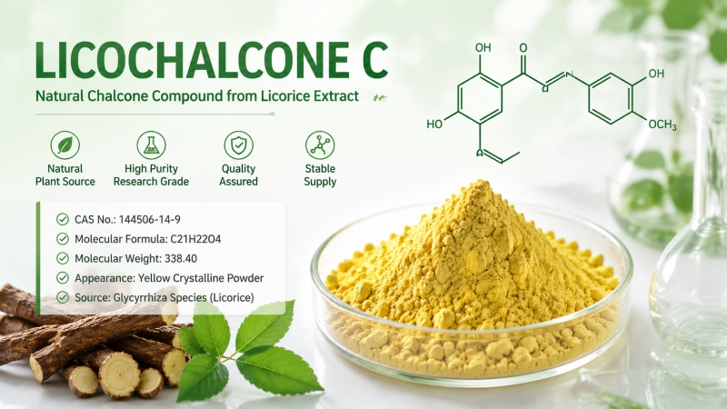High purity Licochalcone C powder from licorice extract with chemical structure and botanical source information